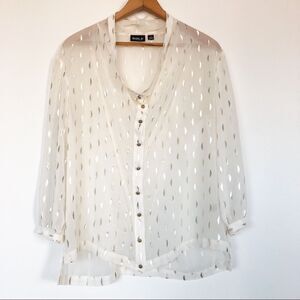 Allen B. Blouse Womens M Sheer Ivory Gold Cowlneck 3/4 Blouson Sleeve